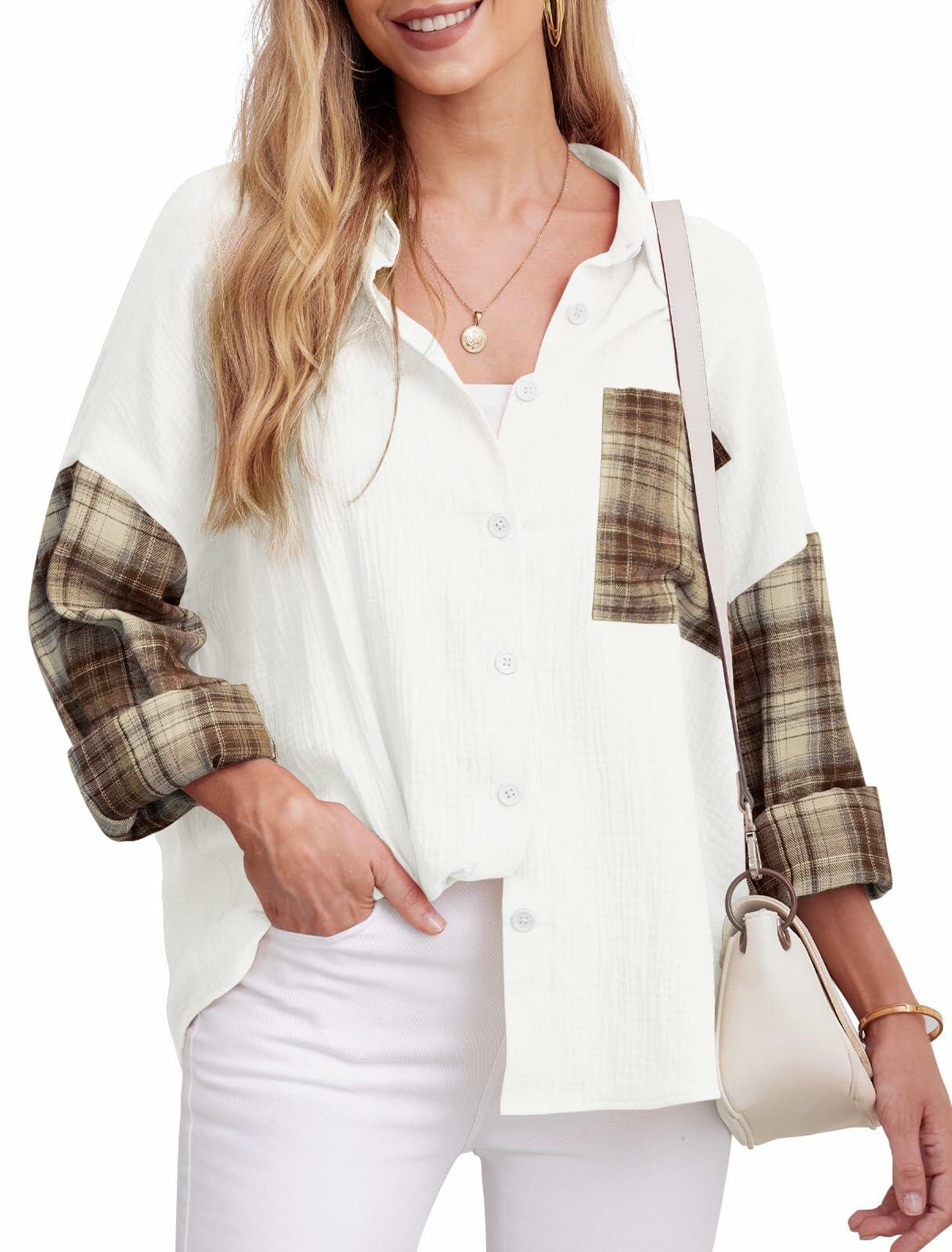 HWOKEFEIYU Cotton Button Down Shirt Women Casual Brown Grid Size S