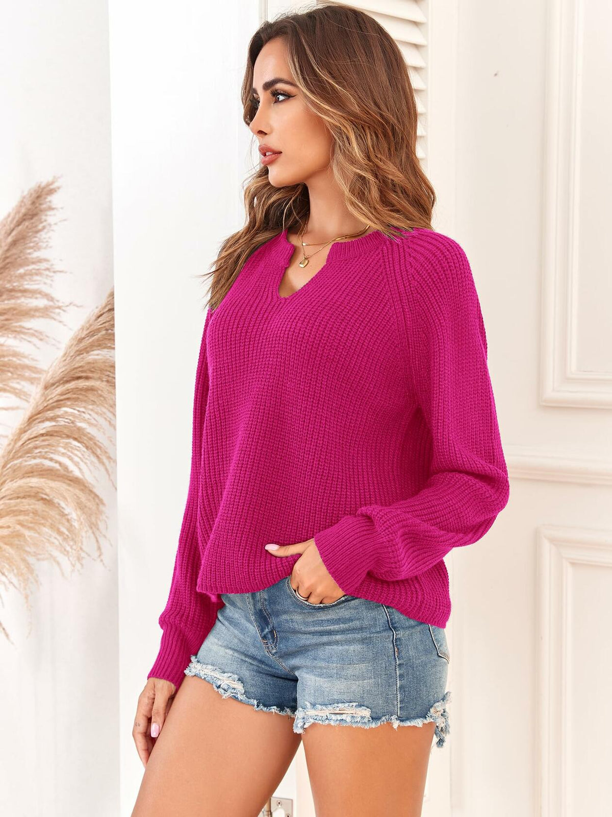 ZAFUL Rose Red V Neck Pullover Sweater Ribbed Knit Size M