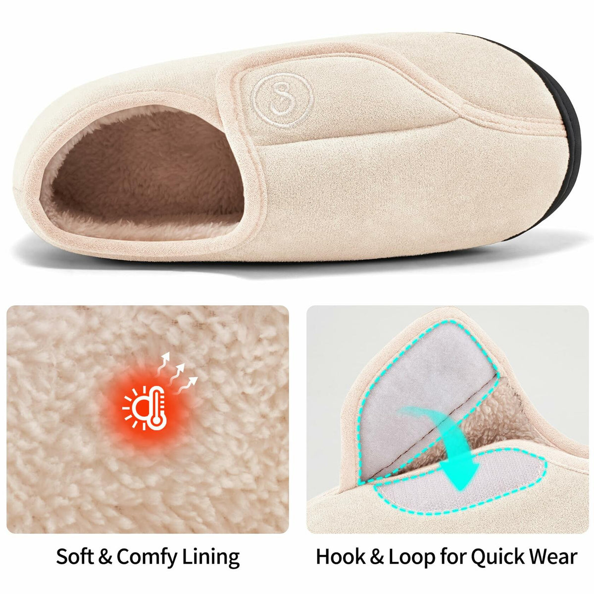 HARENCE Women's Slippers Memory Foam Adjustable Fur Lined Size 38/39