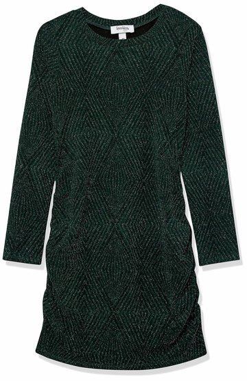 Speechless Girls' Long Sleeve Glitter Knit Ruched Party Dress, Hunter, 7