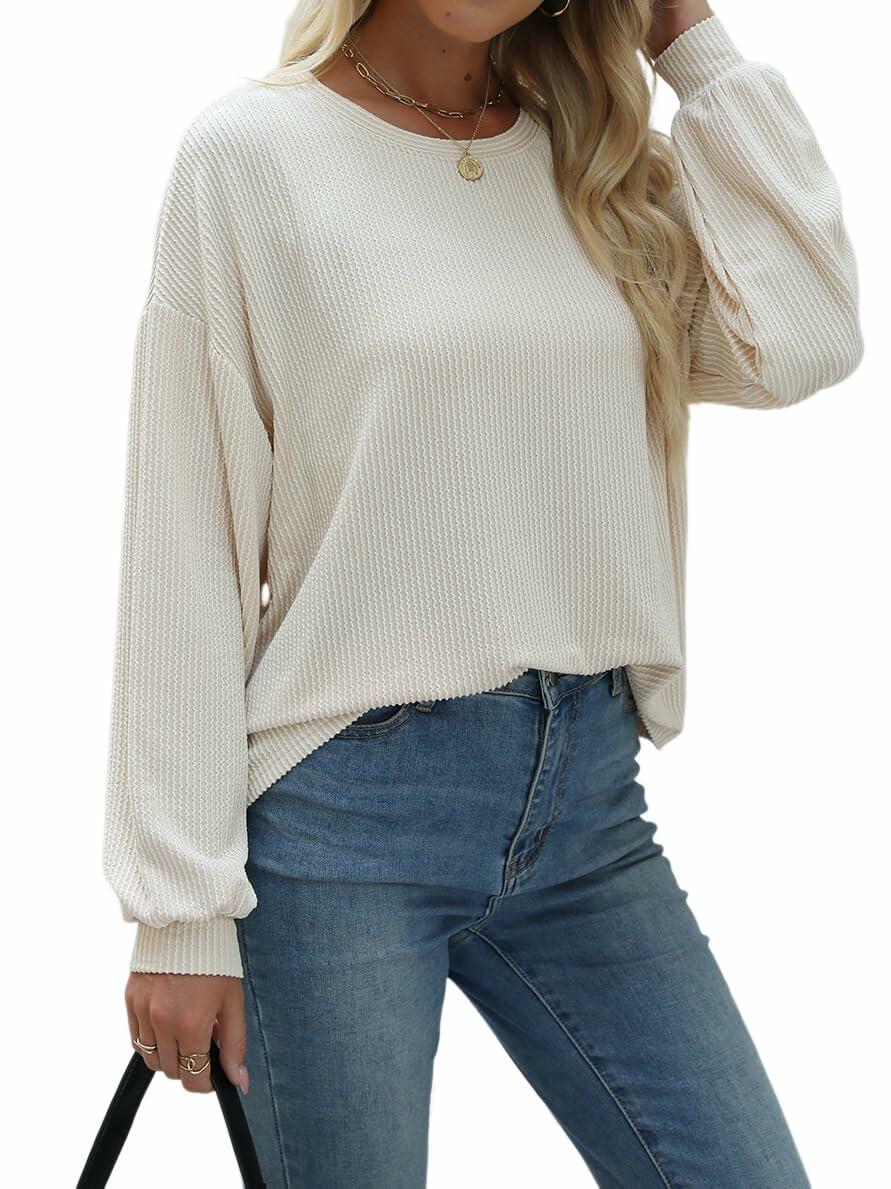Nfsion Womens Casual Long Sleeve Crewneck Ribbed Shirt Apricot Size S