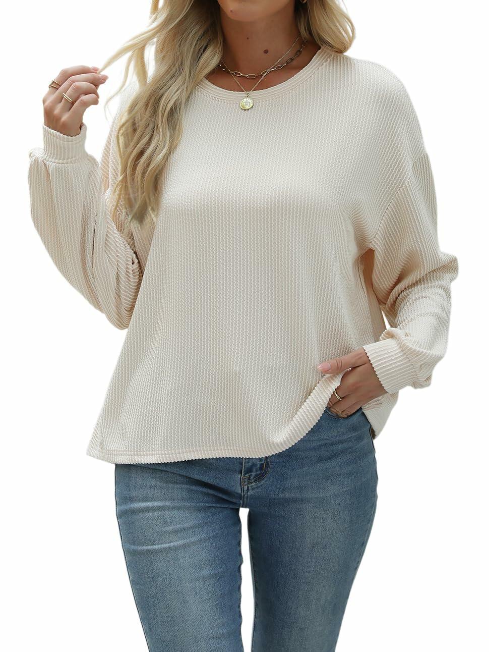 Nfsion Womens Casual Long Sleeve Crewneck Ribbed Shirt Apricot Size S