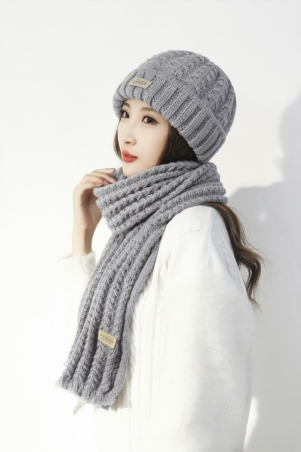 Wander Agio Women's Wool Knit Beanie & Scarf Set Grey 5pcs