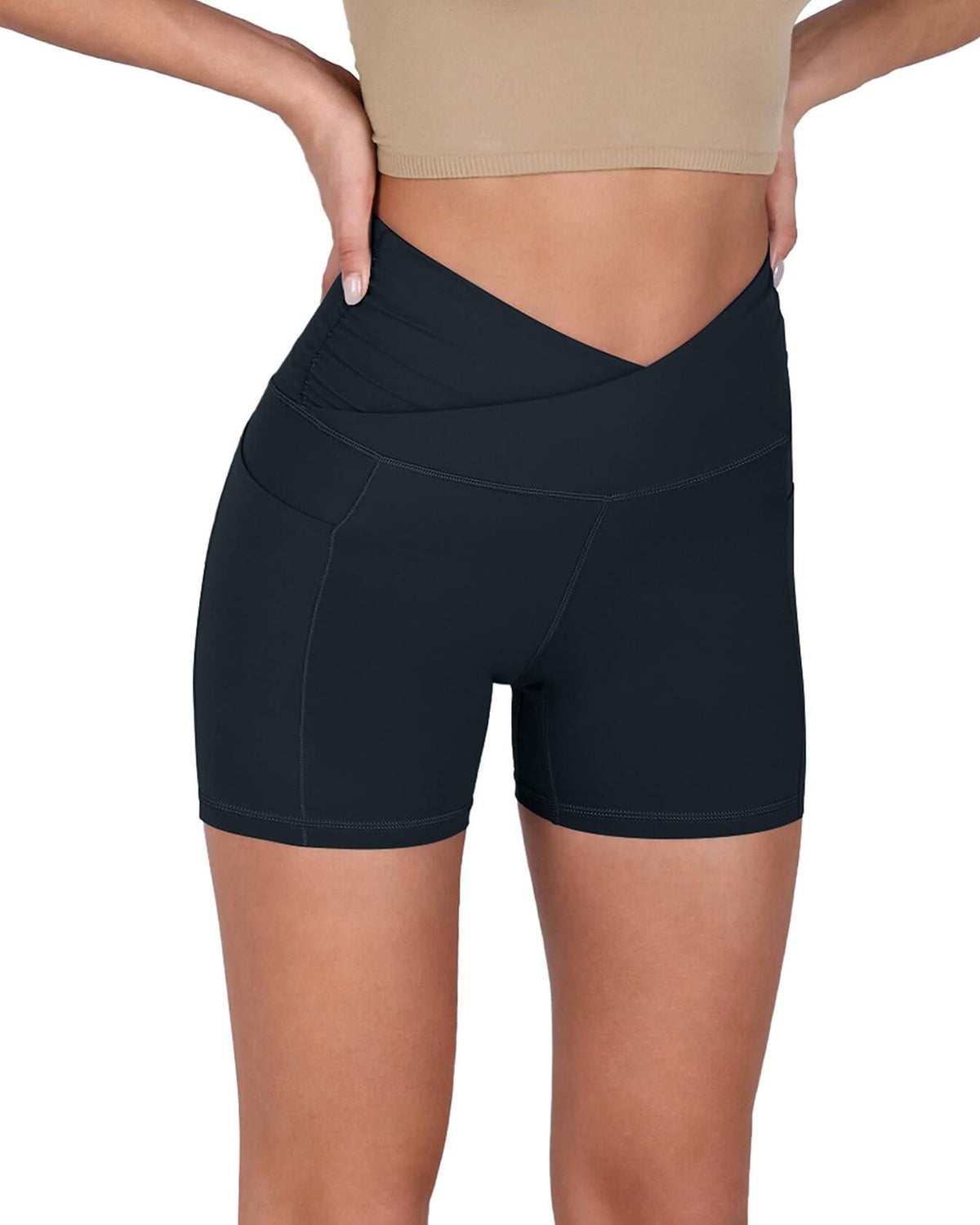 ODODOS Gathered Cross Waist Yoga Shorts with Pockets Navy Size XS