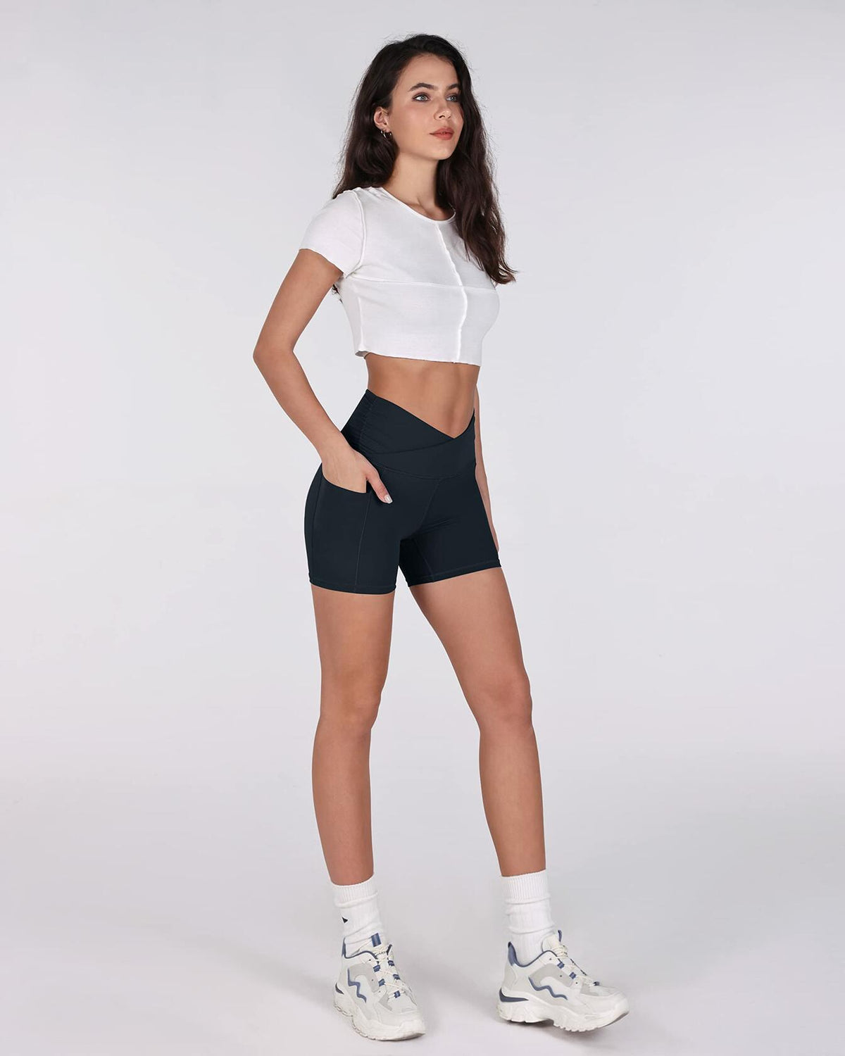 ODODOS Gathered Cross Waist Yoga Shorts with Pockets Navy Size XS