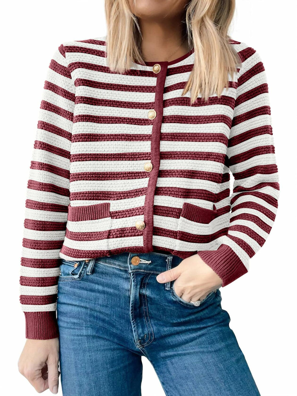 ANRABESS Women's Tweed Knit Cardigan White Red Stripe Size Small