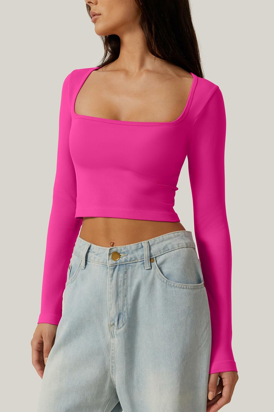 Meyeeka Women's Azalea Long Sleeve Cropped Seamless Scoop Neck Top Size M