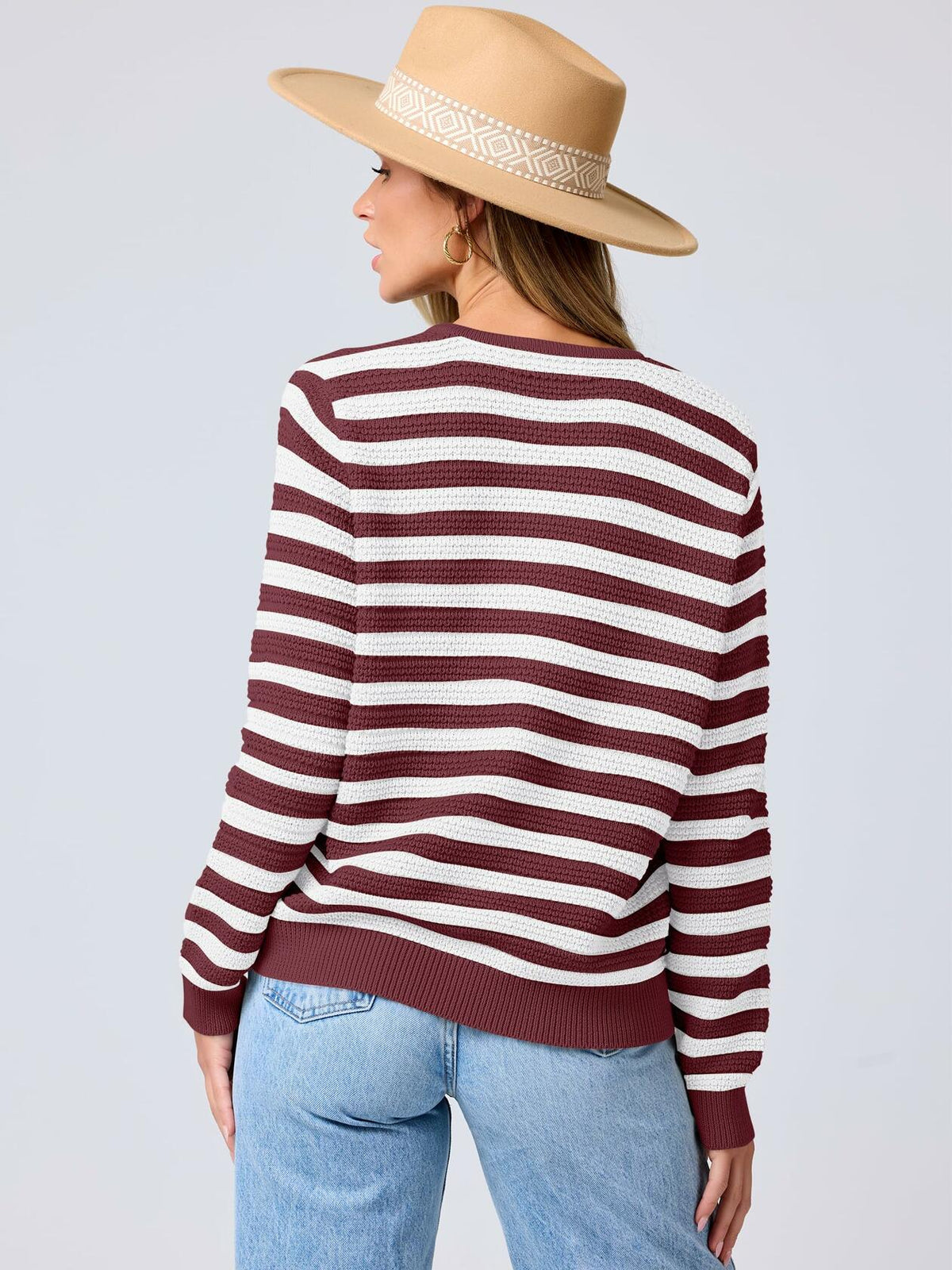 ANRABESS Women's Tweed Knit Cardigan White Red Stripe Size Small