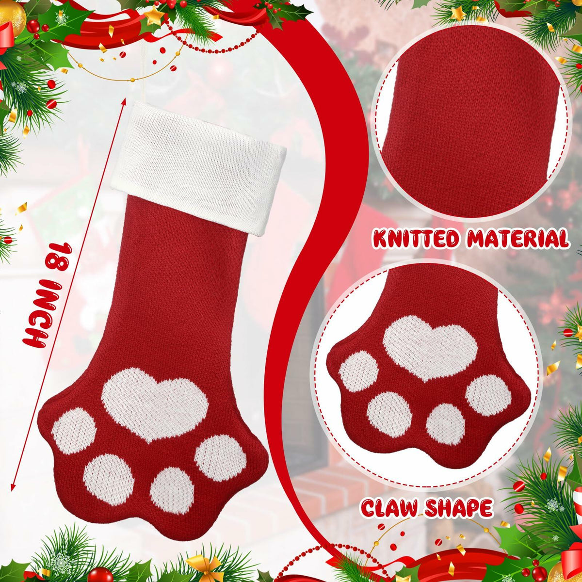 Geyoga 6 Pcs Dog Christmas Stocking Red White Knitted 18in Large Set