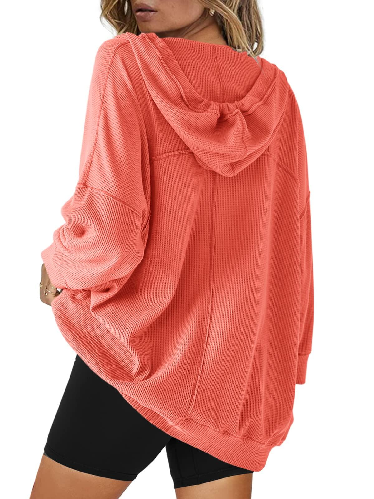 SENSERISE Womens Oversized Melon Red V Neck Hoodie Sweatshirt Size S