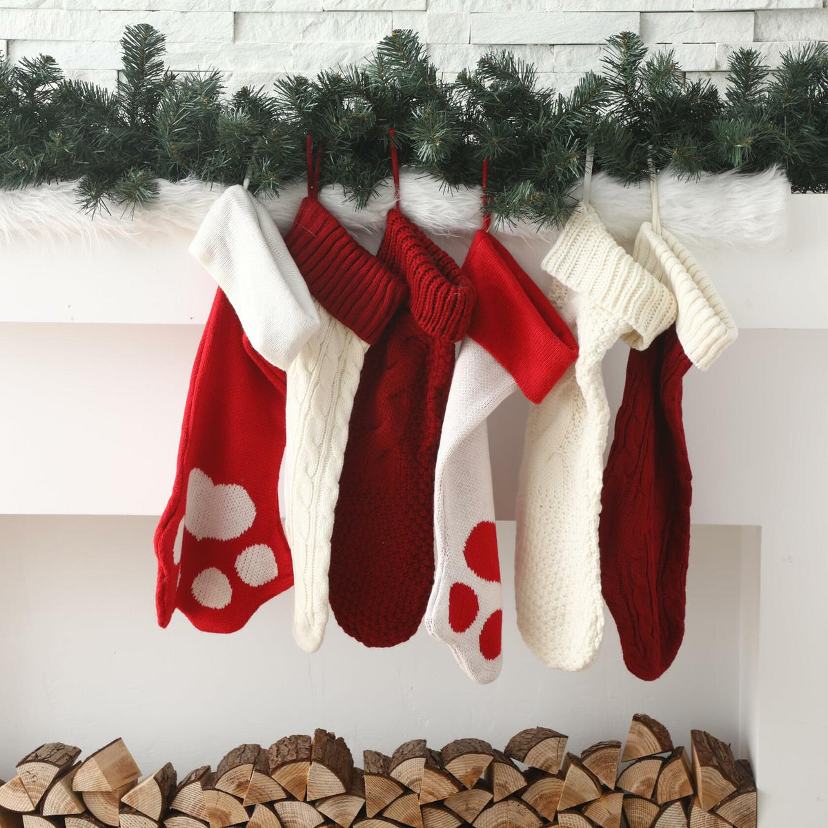 Geyoga 6 Pcs Dog Christmas Stocking Red White Knitted 18in Large Set