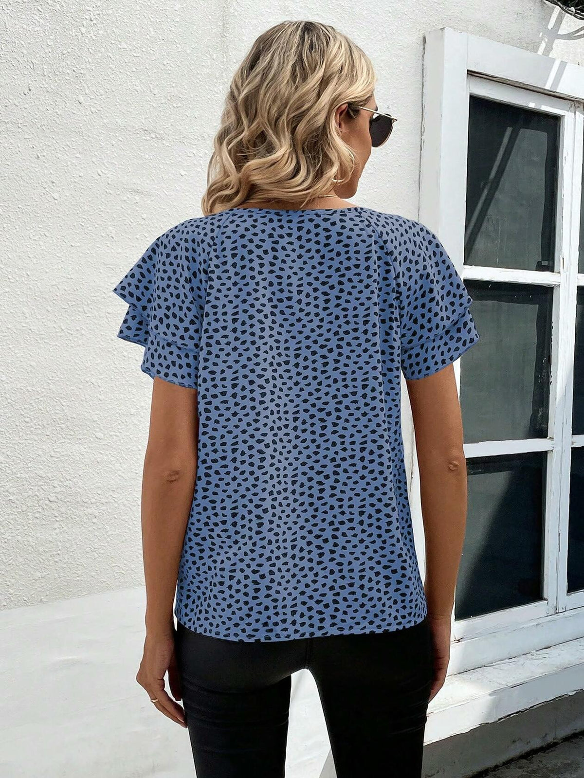 SOLY HUX Women's Ruffle Short Sleeve Blouse Casual Round Neck Blue Black Size S