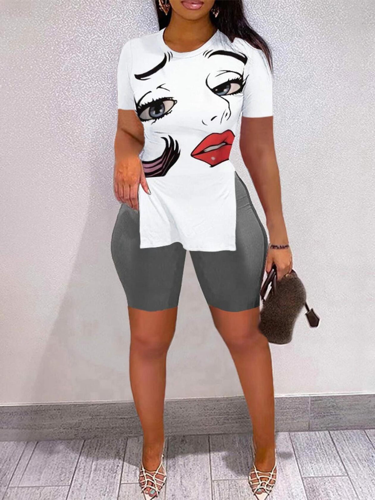 MRSYVES 2PC White Pullover & Leggings Set Short Sleeve Size S