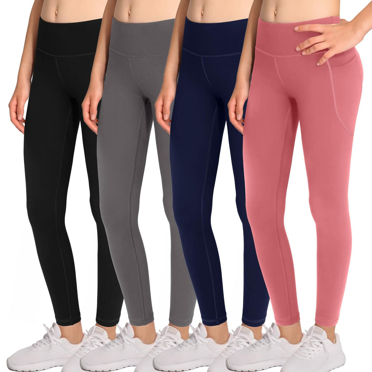 BHRIWRPY 4-Pack Girl Yoga Leggings with 2 Pockets-Active Workout Pants, Black XL