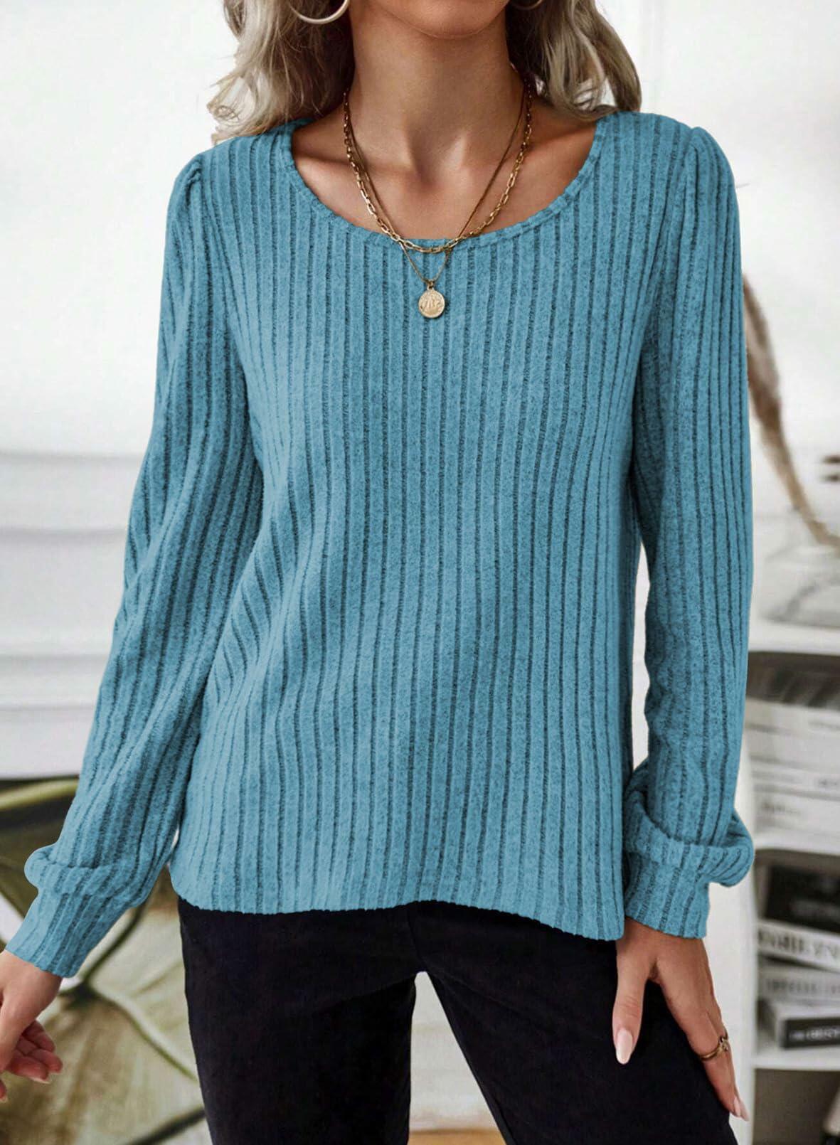 Samefar Womens Ribbed Long Sleeve Round Neck Top Blue Size Small