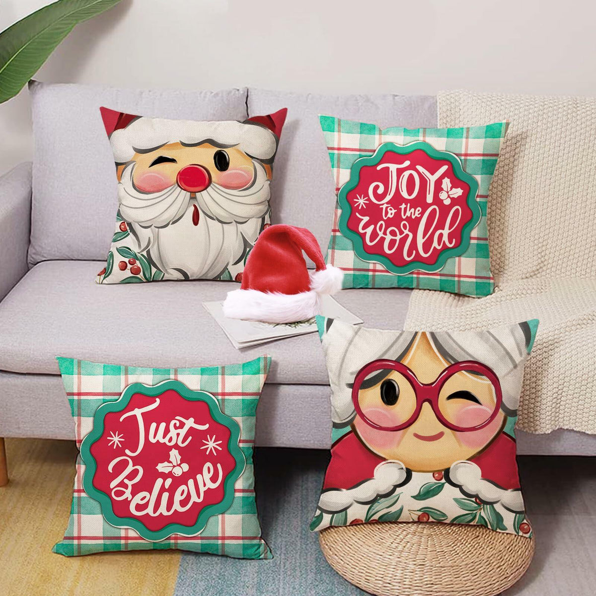 Fjfz Christmas Santa Mrs Claus Throw Pillow Covers 20x20 Green Set of 4