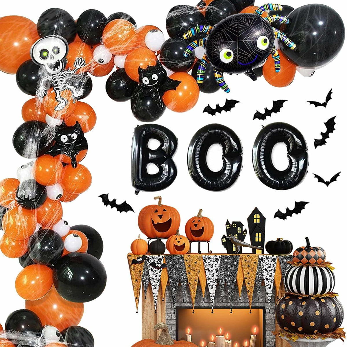Halloween DIY Party Supplies Arch Kit with Cobweb BOO Spider Skeleton Balloons