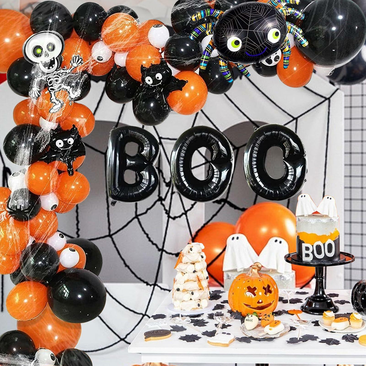 Halloween DIY Party Supplies Arch Kit with Cobweb BOO Spider Skeleton Balloons