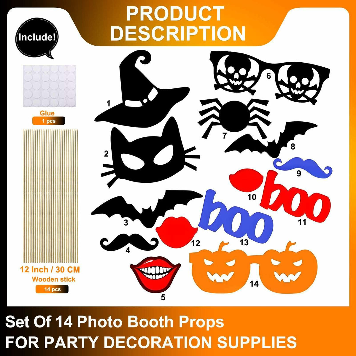 Happy Halloween Photo Booth Props Boo Bat Hat Party Favors Pack of 14
