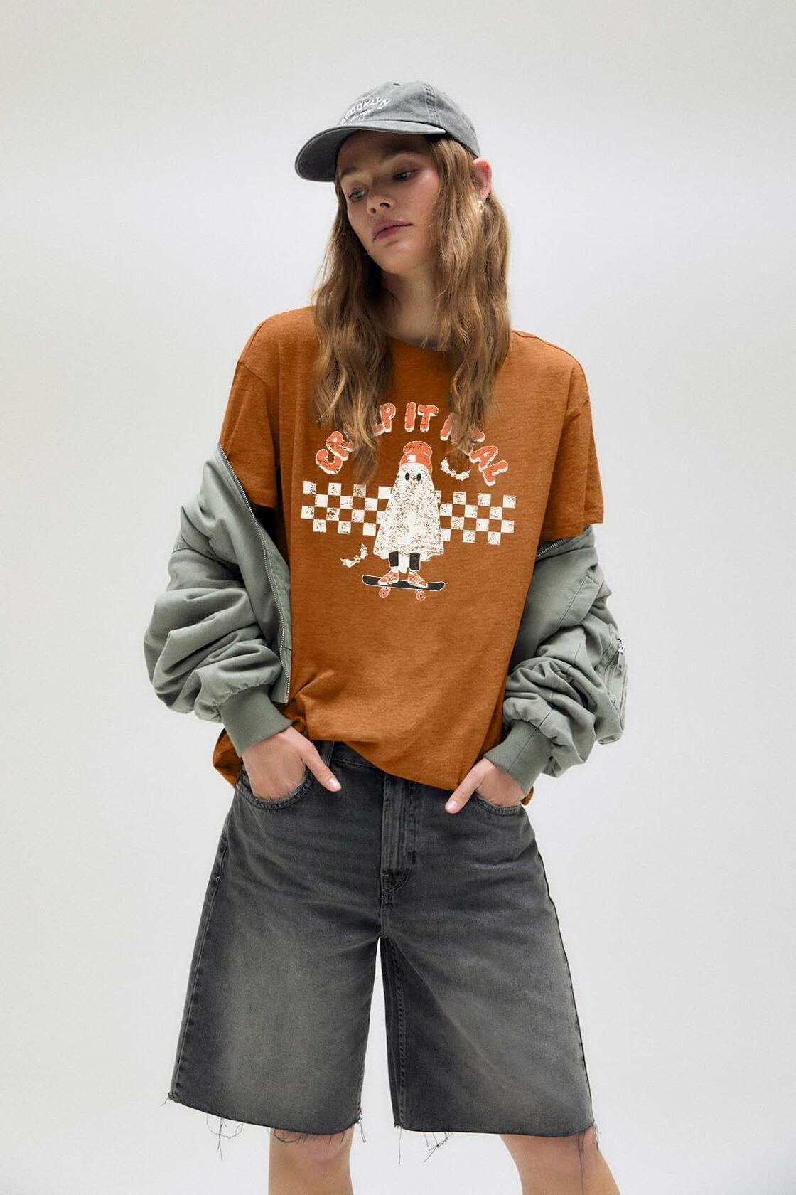 HQP Halloween Ghost T-Shirt Women Brown Size S