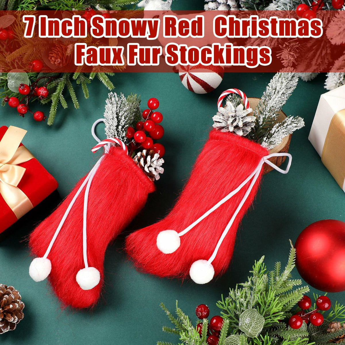 Shinymoon 12 Pcs 7" Faux Fur Christmas Stockings Red Small Furry Xmas Decor