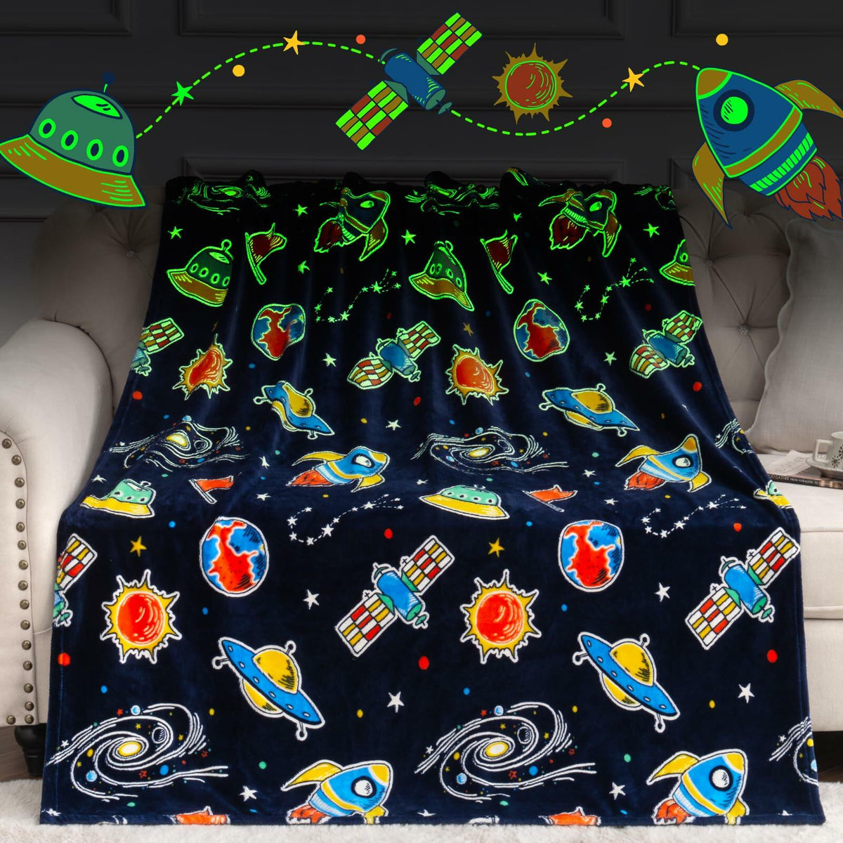Boulou Glow in The Dark Galaxy Space Blanket Star Planet Decor 50x60