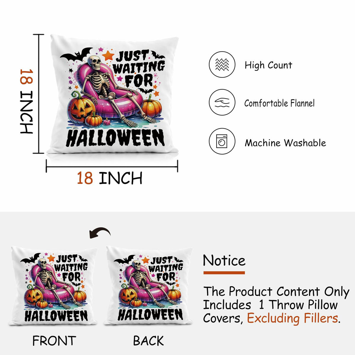 Nogrit Halloween Pumpkin Skeleton Pillow Covers 18x18 Orange 2 Pack