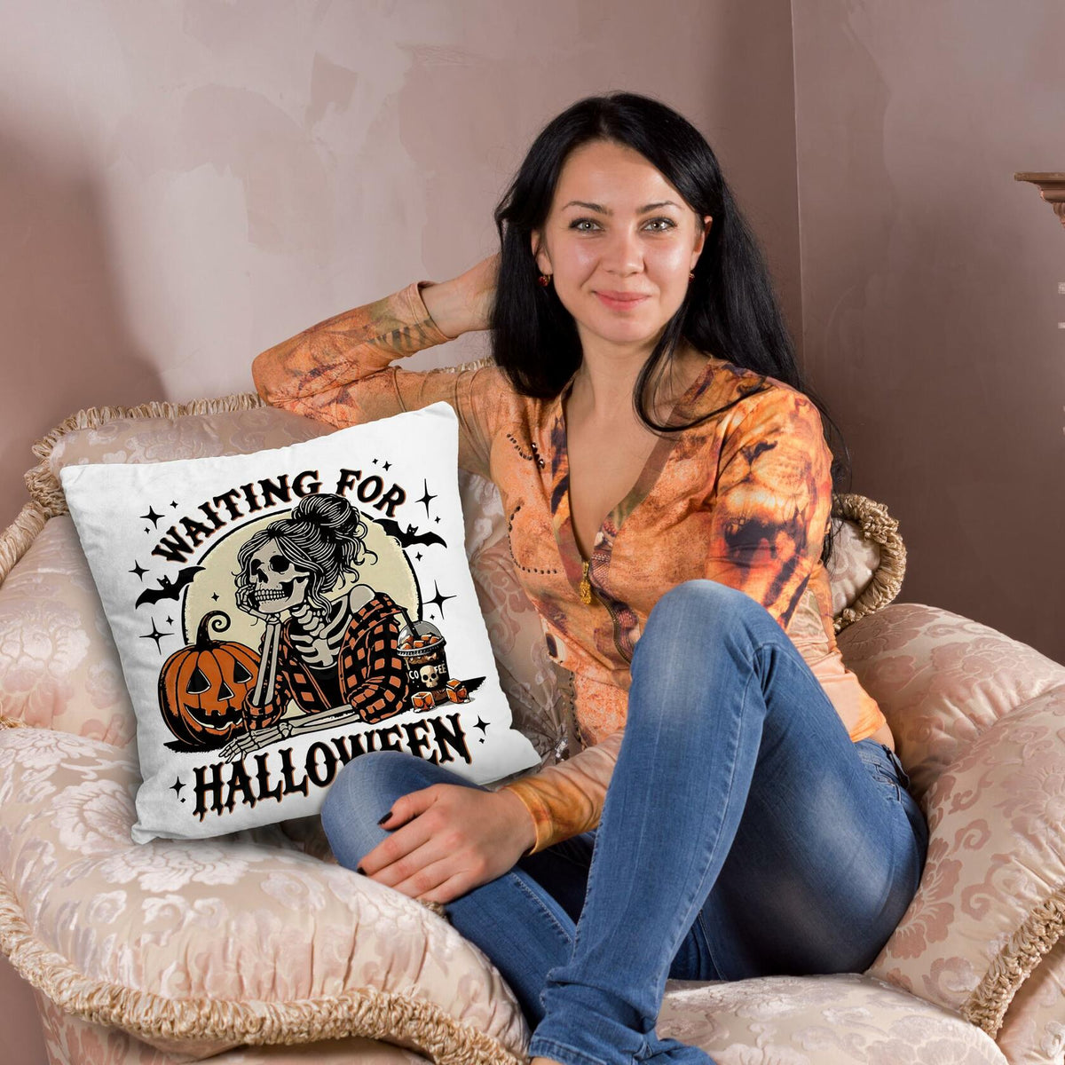 Nogrit Halloween Pillow Cover 18x18 Gothic Plaid Skeleton Pumpkin Black