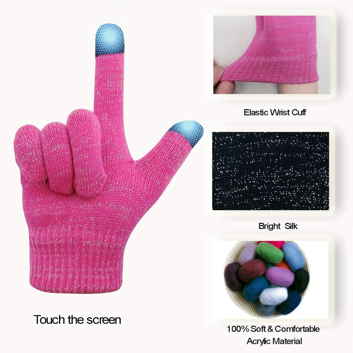Evridwear Kids Winter Touchscreen Gloves Knitted Warm Mittens 3 Pairs Size 3T-5T