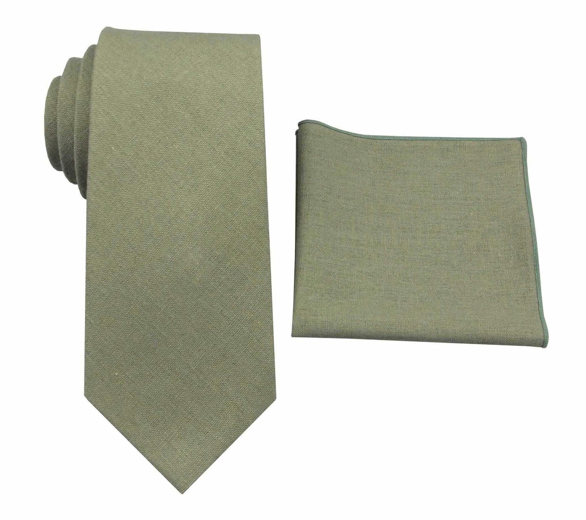 Mens Solid Linen Tie and Pocket Square Set Extra Long Sage Green Size Regular
