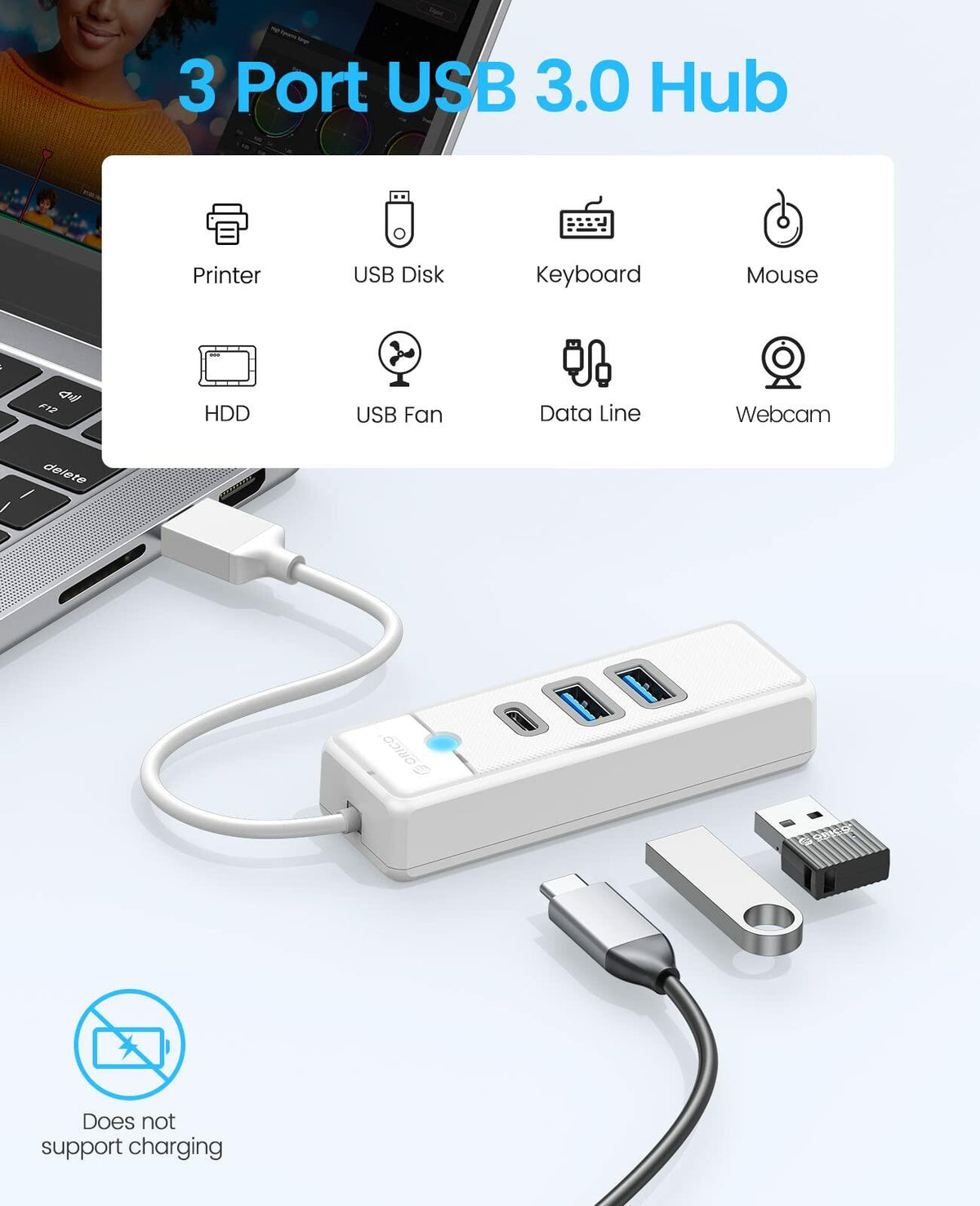ORICO USB C Hub 3-Port USB 3.1 to USB 3.0 Adapter White 0.5ft Cable
