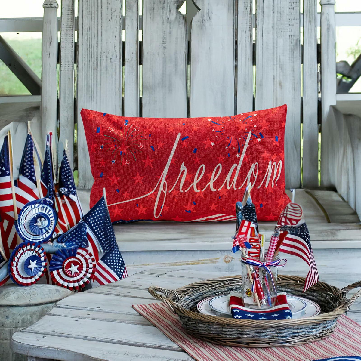 Freedom Patriotic 4th of July USA Stripes Pillow Cover 20x12