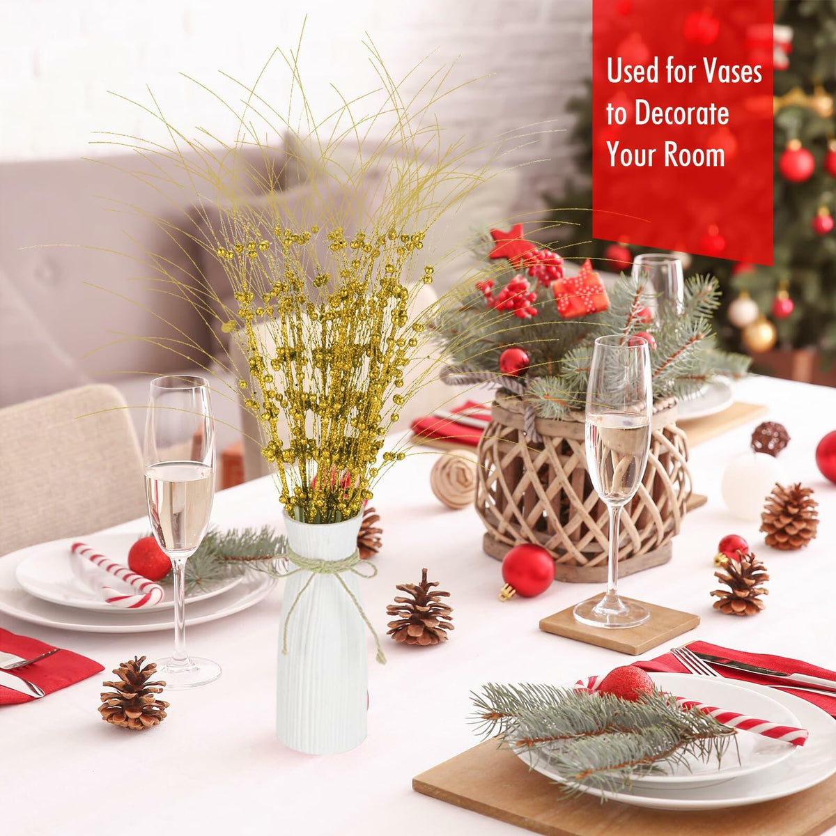28in 10PCS Artificial Glitter Stem Christmas Ornaments DIY Decor