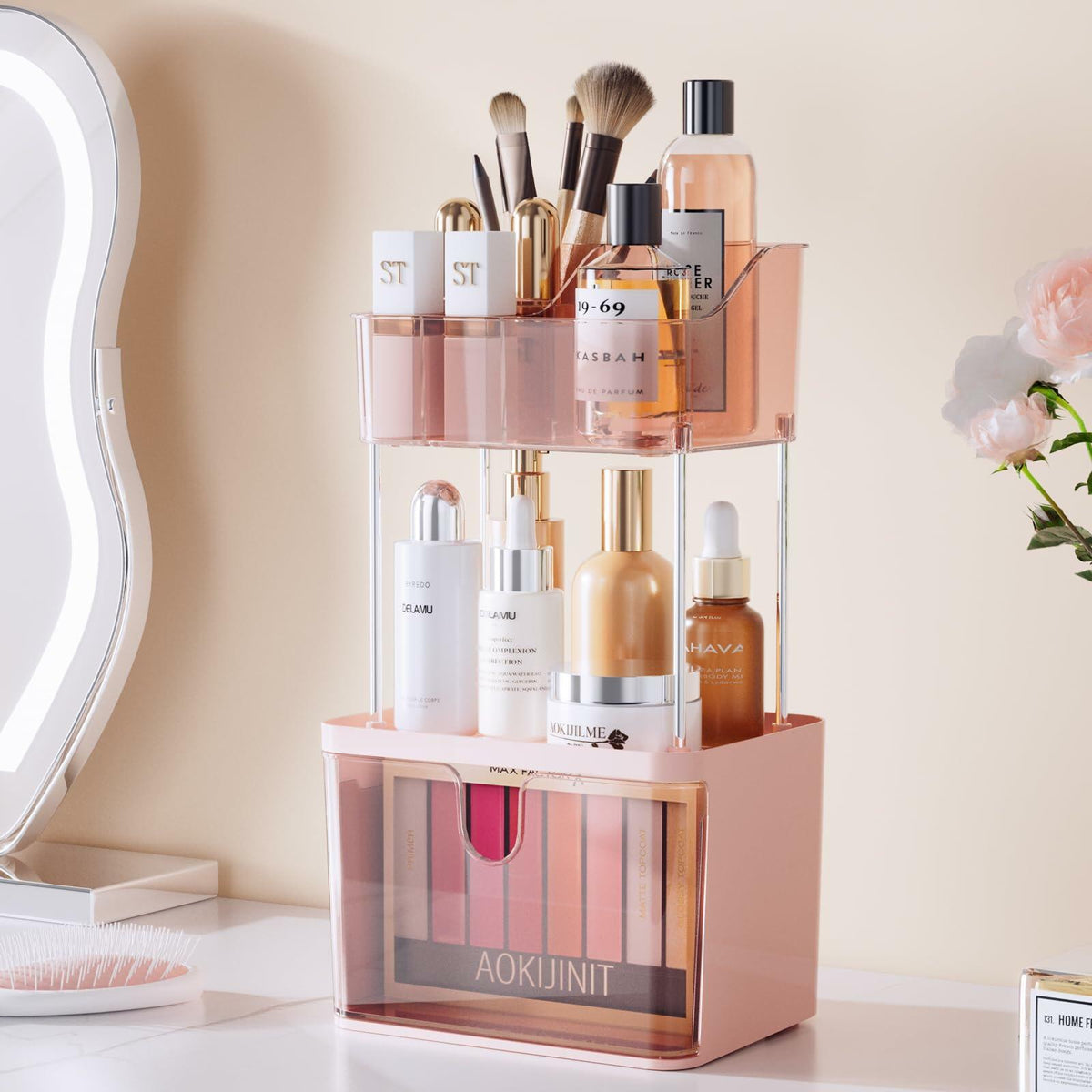 Delamu 3-Tier Makeup Organizer with Drawers & 6-Grid Top Pink Vanity Storage