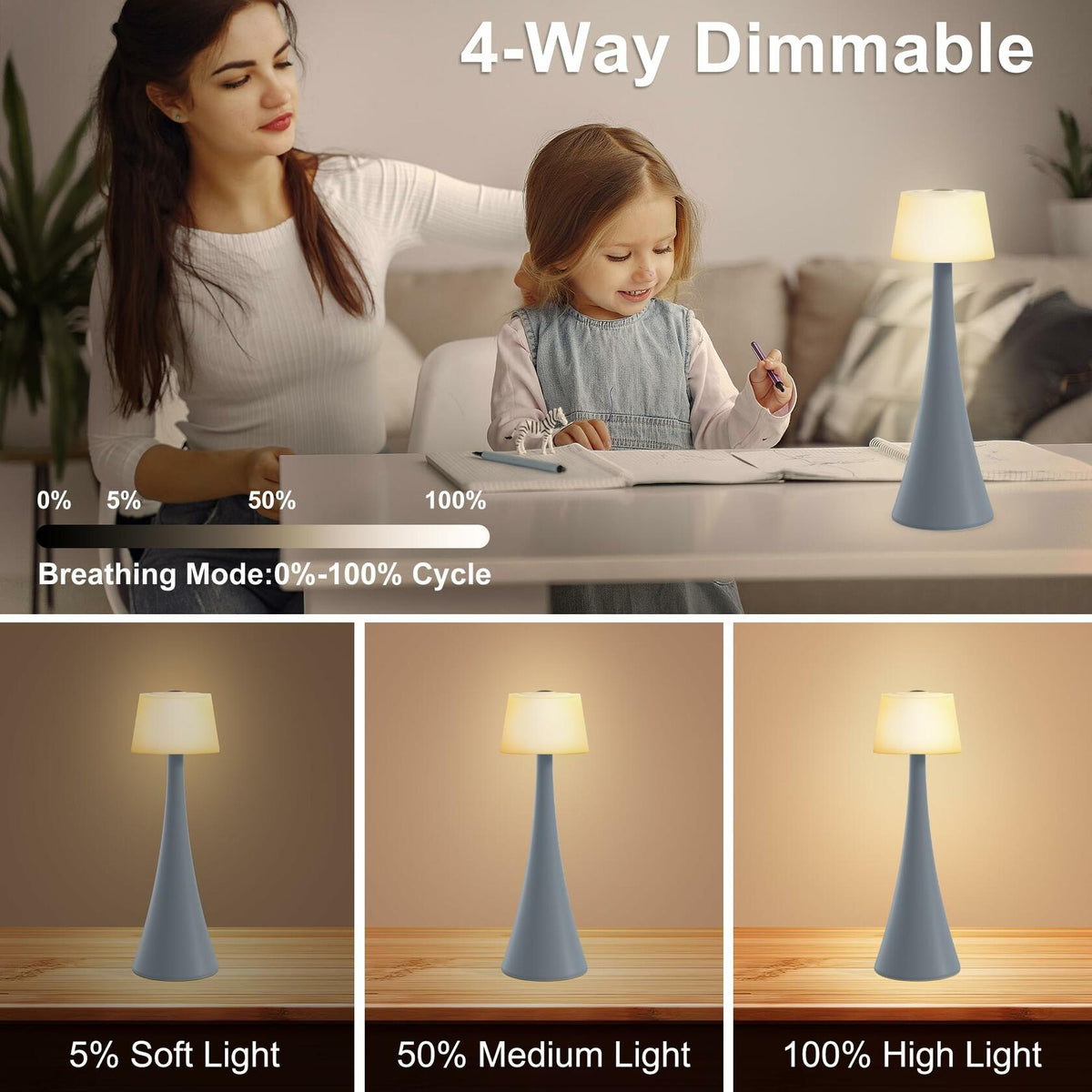 Modern Table Lamp Cordless 4-Way Dimming Touch 4000mAh Battery Mint Green