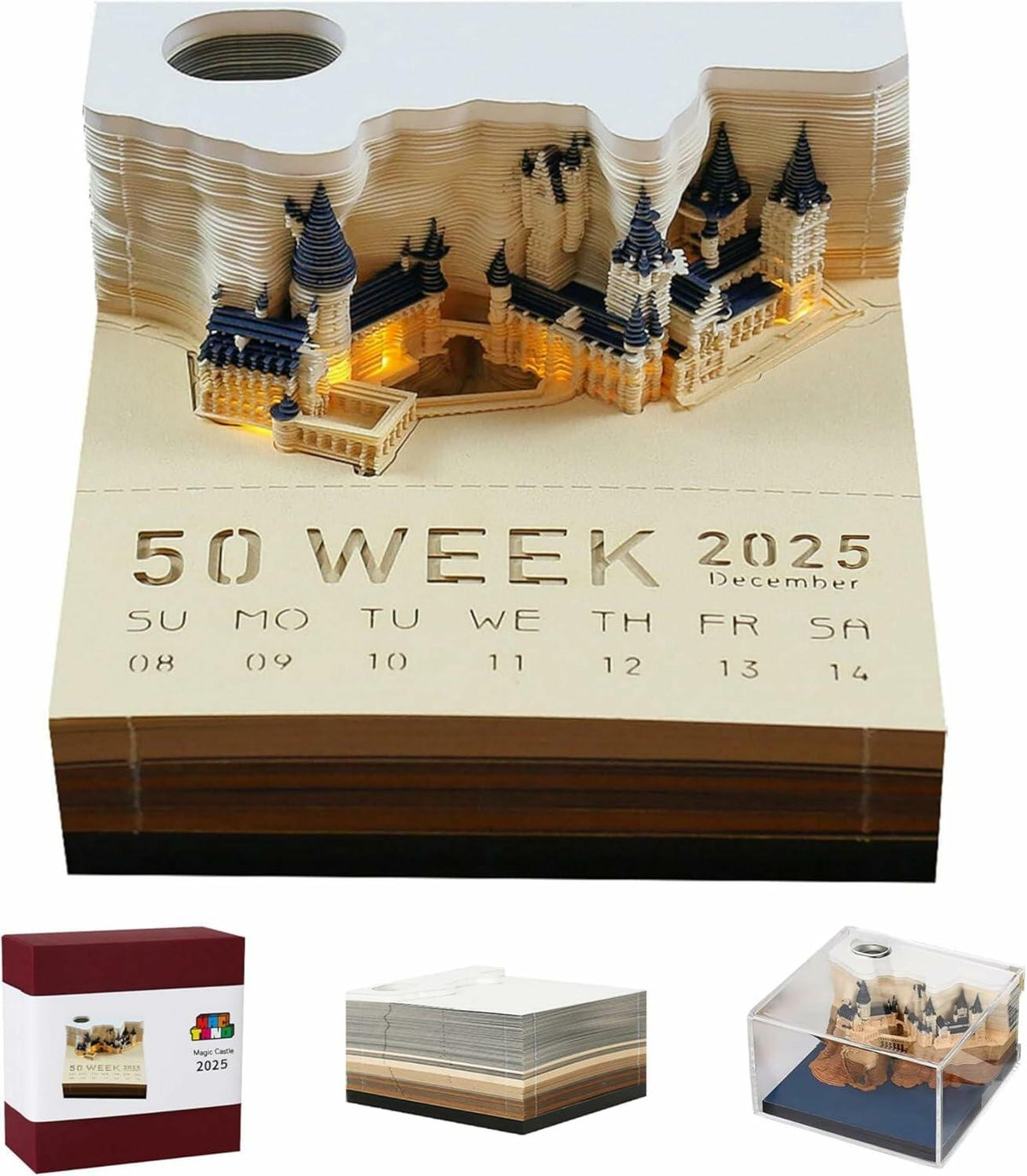 Time Piece 2025 Desk Calendar 3D Carving LED Light Castle Desktop