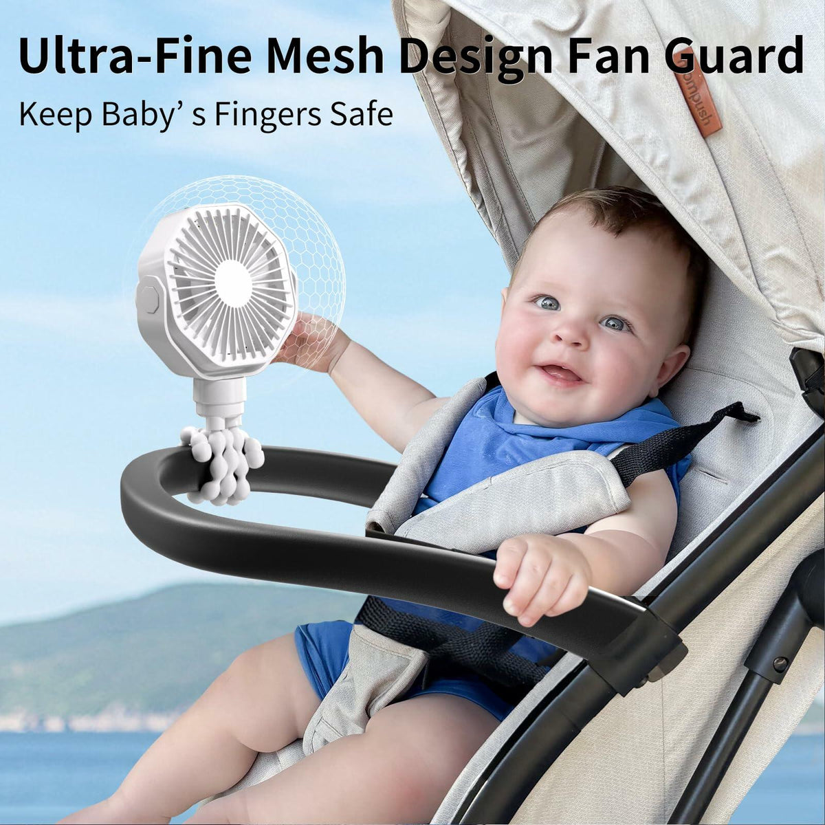 Lerat Portable Stroller Fan Flexible Tripod 3 Speeds Rechargeable White