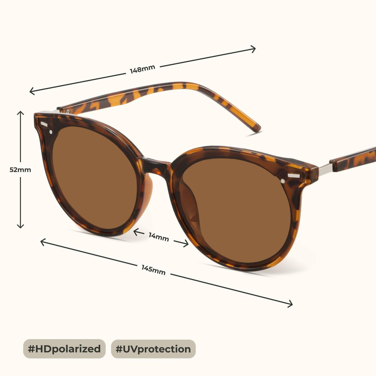 livho Polarized Retro Round Sunglasses Women Dark Tortoise/Brown Size Medium