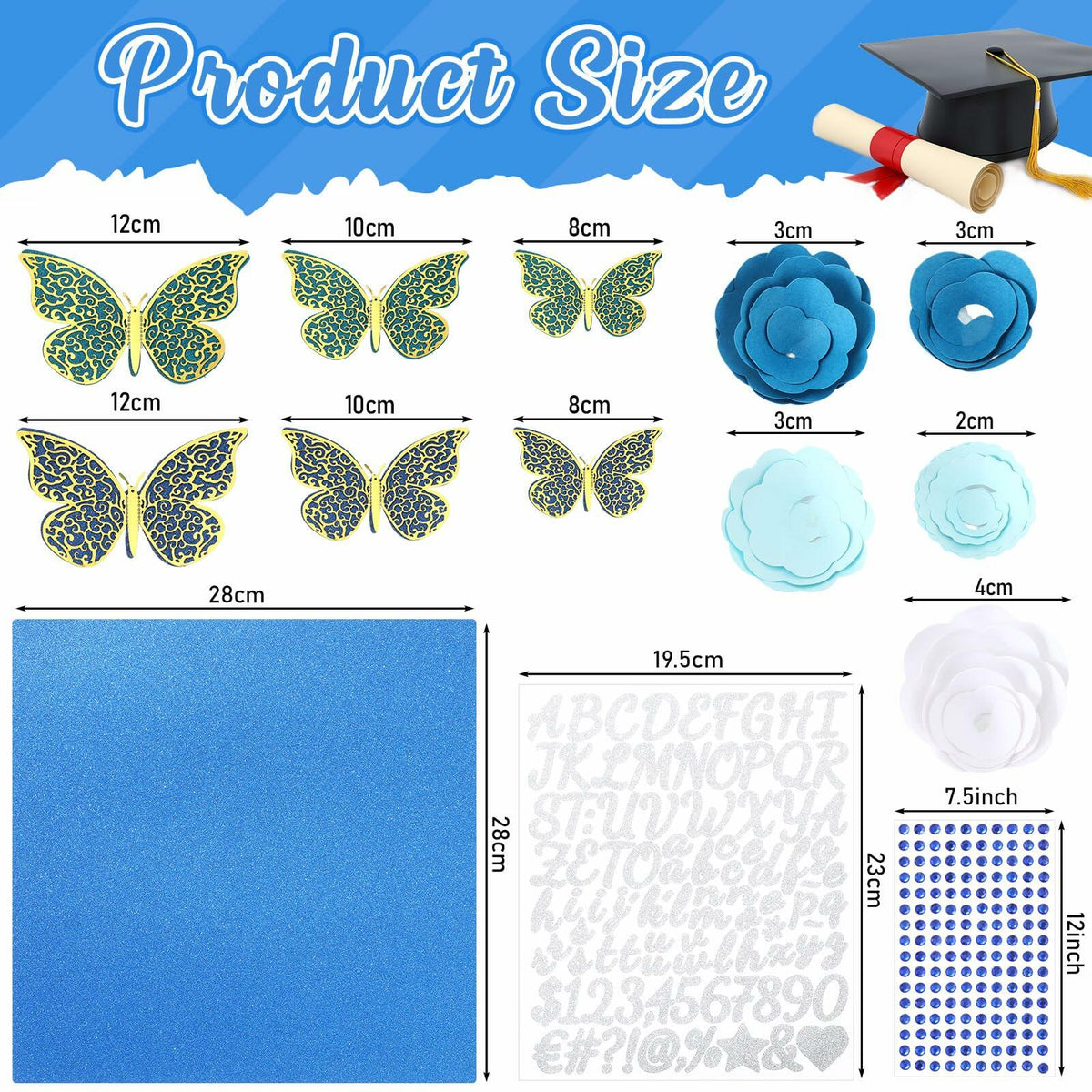 Knitgrip Graduation Cap Decoration Kit 98 Pc Blue Faux Flowers Butterfly
