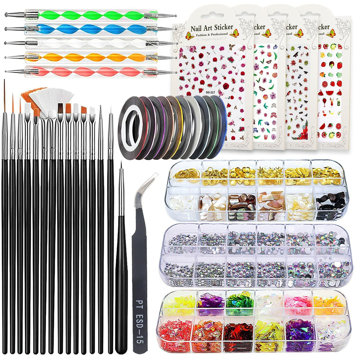 JOYJULY Nail Art Brushes Kit with Rhinestones Stickers Glitters Multi