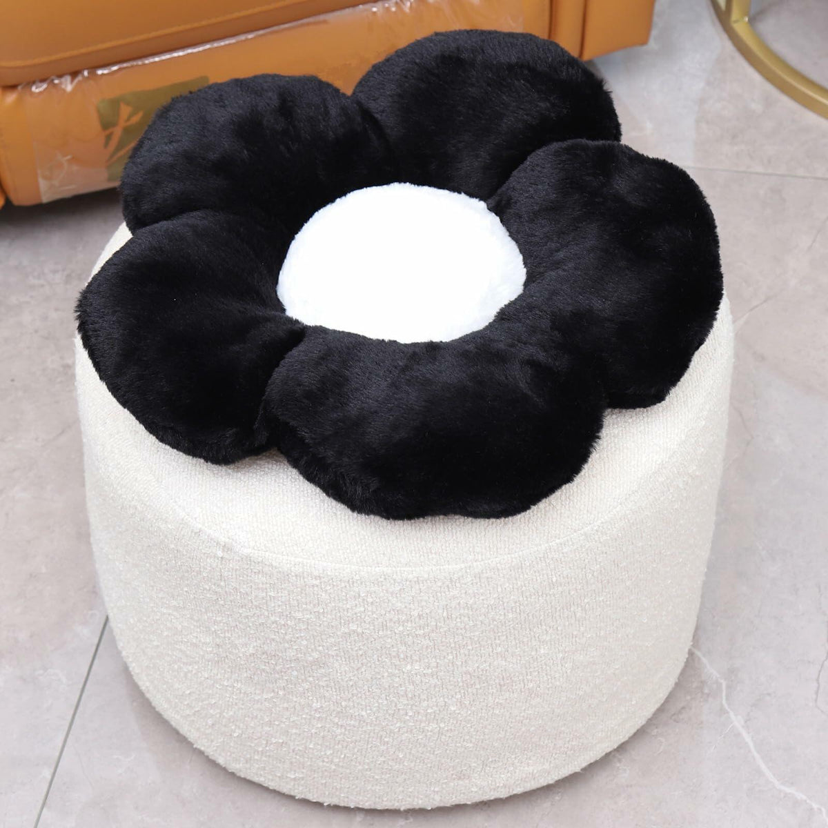 Flower Pouf Ottoman Full Foam 18x15 Inch Ivory Black Floor Pouf