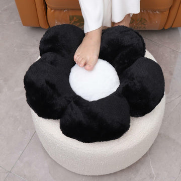 Flower Pouf Ottoman Full Foam 18x15 Inch Ivory Black Floor Pouf