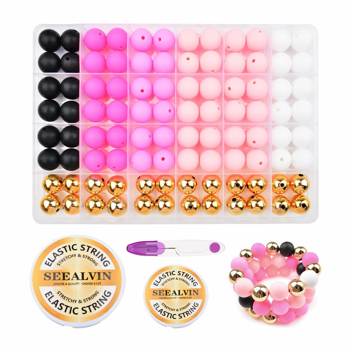 96PCS 15mm Silicone Beads,4 Colors Silicone Beads Kit for Keychain Making