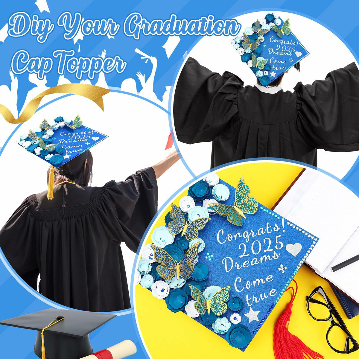 Knitgrip Graduation Cap Decoration Kit 98 Pc Blue Faux Flowers Butterfly