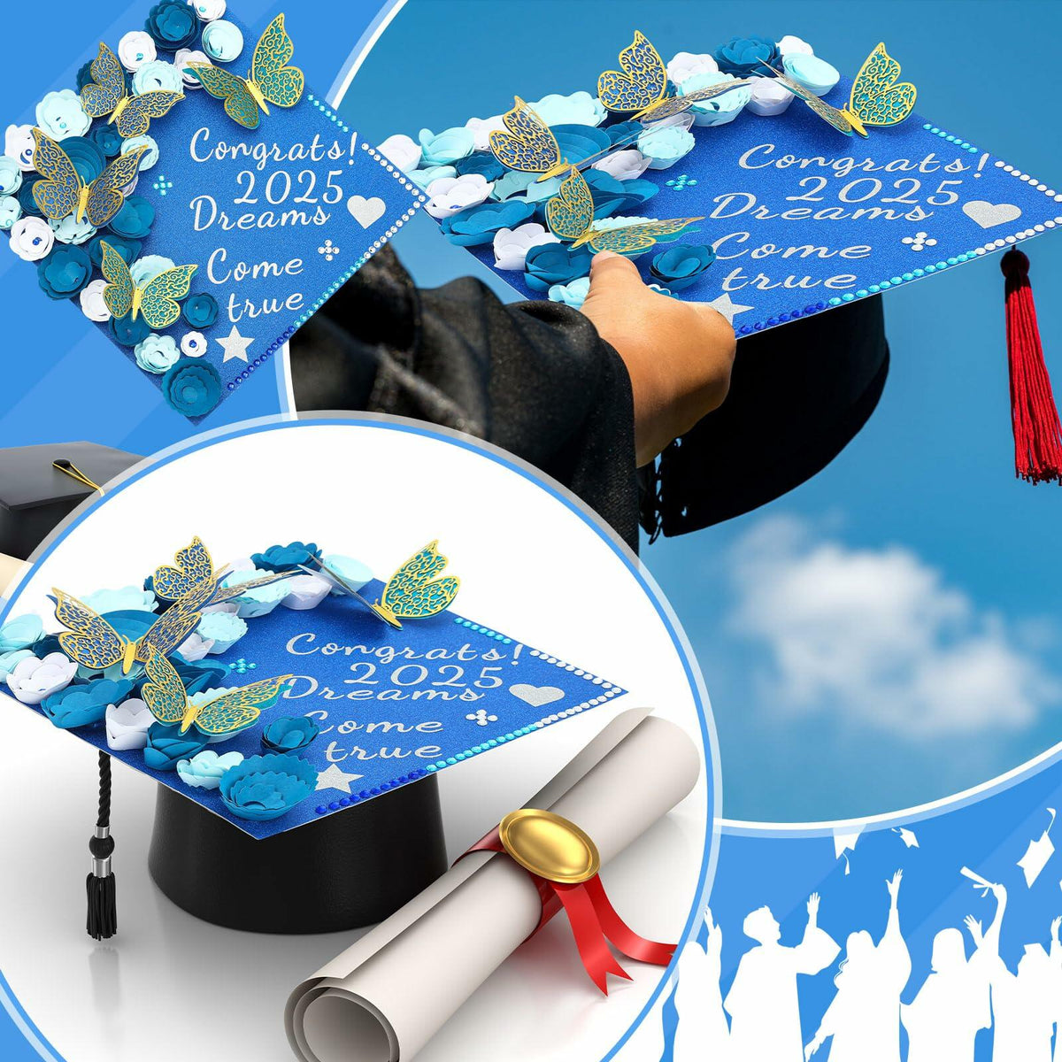 Knitgrip Graduation Cap Decoration Kit 98 Pc Blue Faux Flowers Butterfly
