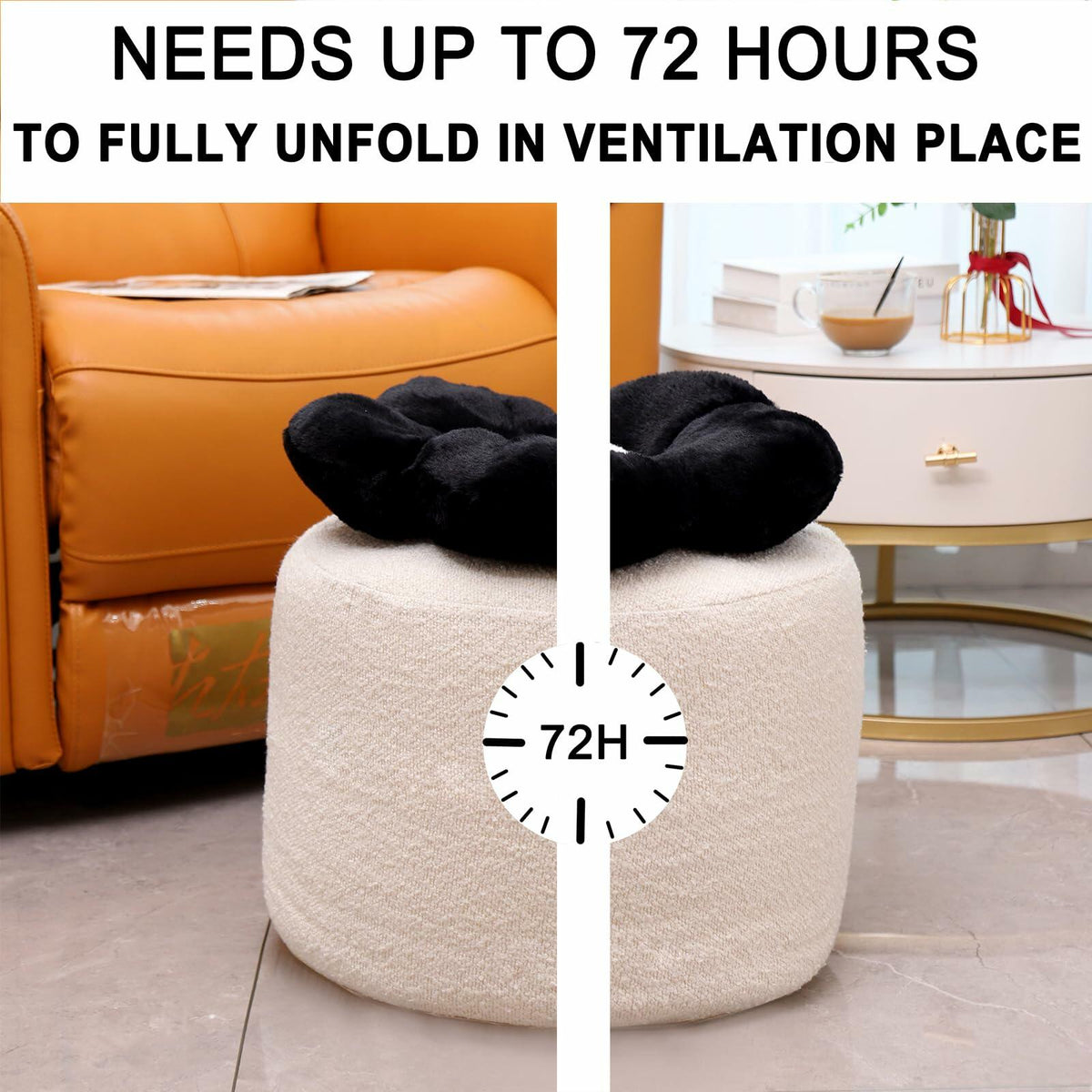Flower Pouf Ottoman Full Foam 18x15 Inch Ivory Black Floor Pouf