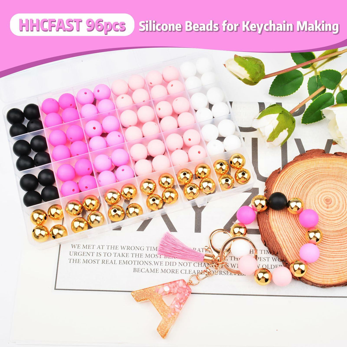 96PCS 15mm Silicone Beads,4 Colors Silicone Beads Kit for Keychain Making