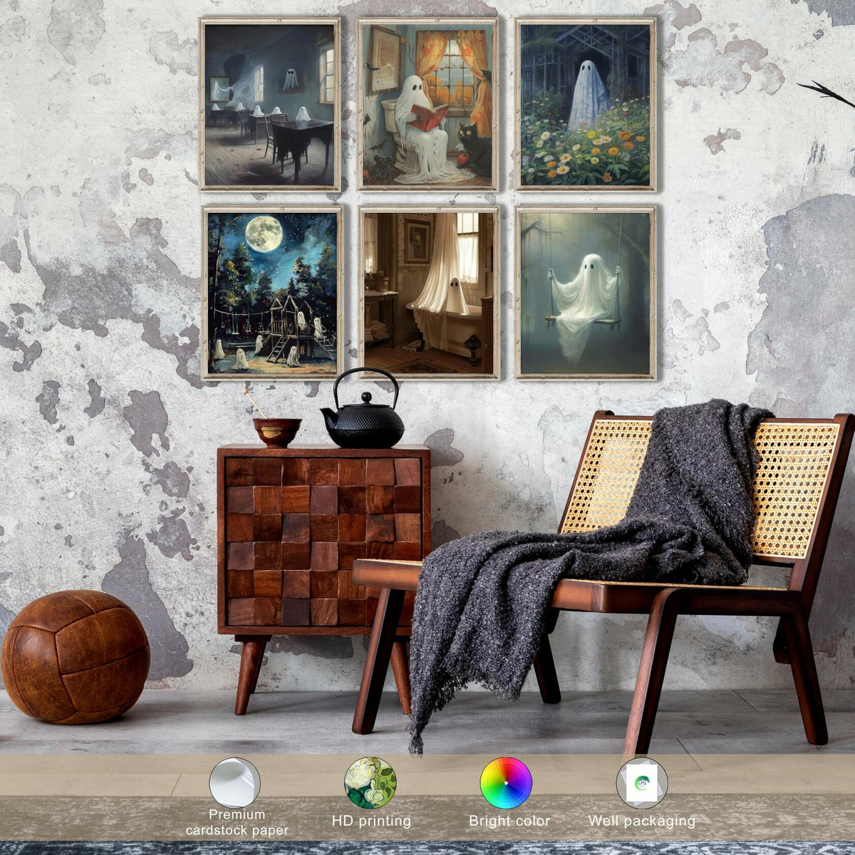 HD WOOD CRAFT Halloween Ghost Wall Art Prints Vintage Posters Unframed