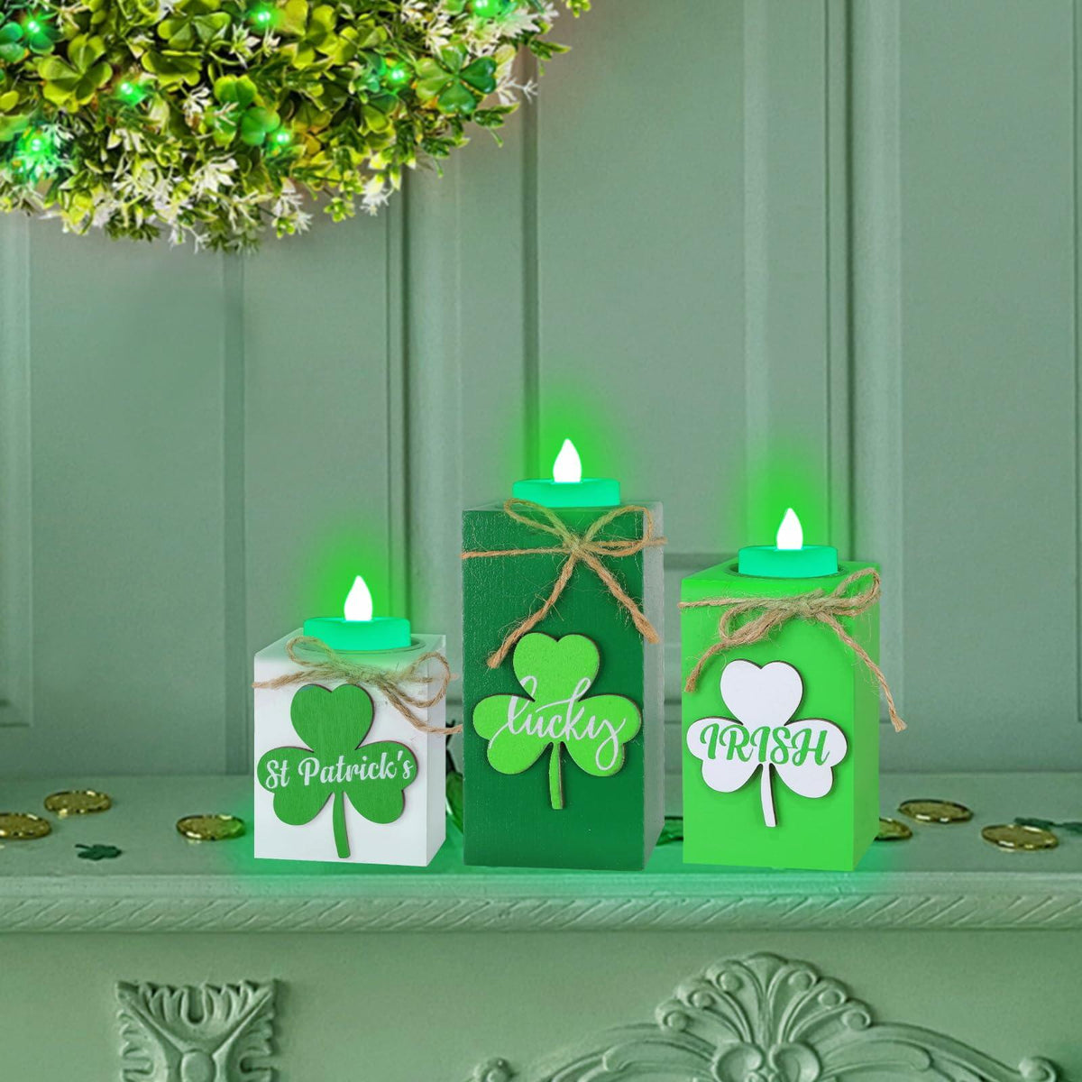 3 Pack St. Patrick's Day Flameless Tea Light Candles Shamrock Design Green