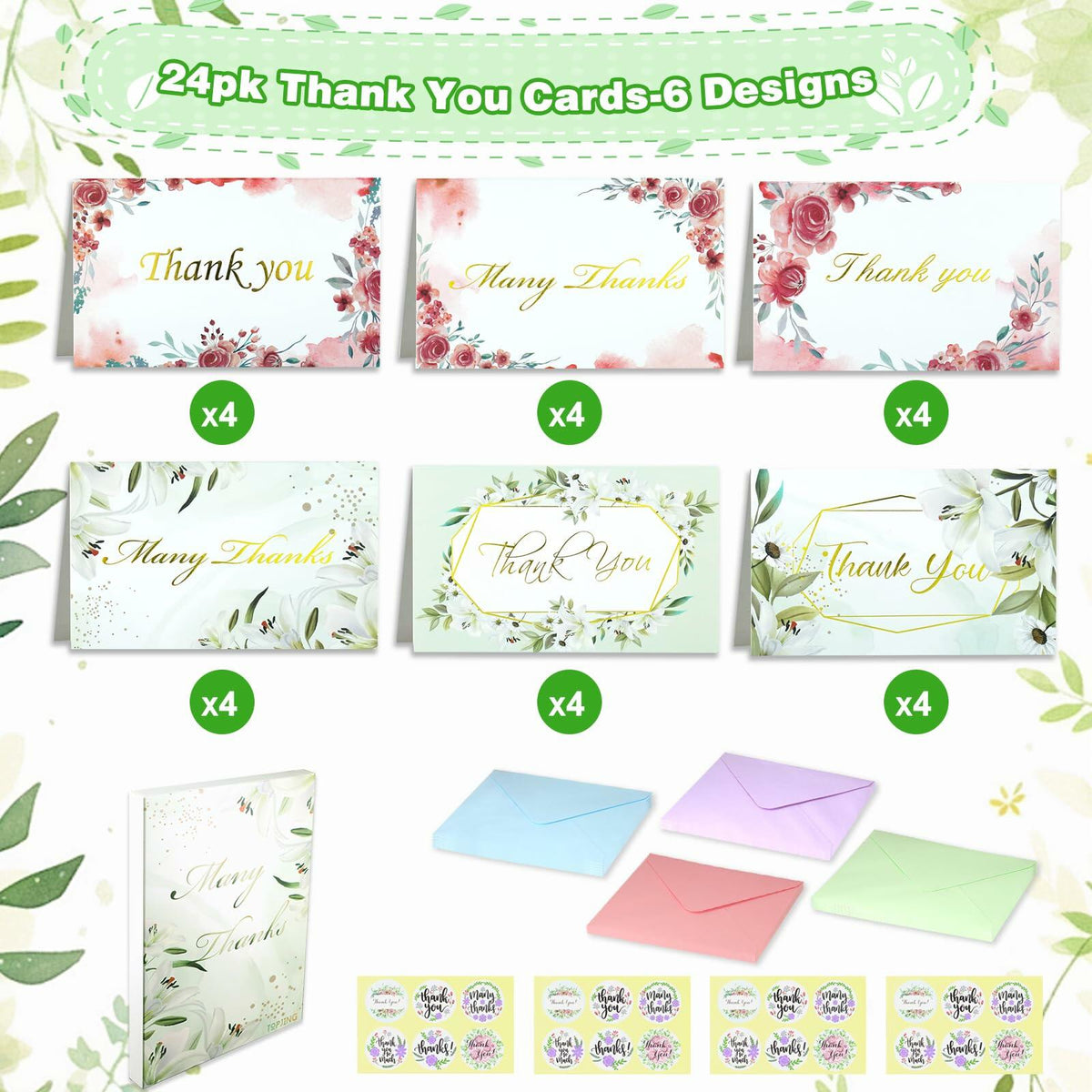 TOPJING 24 Heavy Duty Thank You Cards with Envelopes Gold Foil 4.15x6.5 Inch